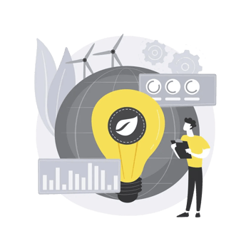 Person analyzing sustainability data with a globe, wind turbines, and a leaf-shaped lightbulb, symbolizing green economy and eco insights.