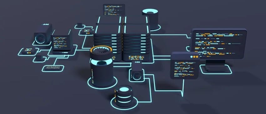 A 3D illustration of a futuristic data center with glowing blue and orange lines connecting servers and computer screens, symbolizing a complex network infrastructure or cloud computing concept.