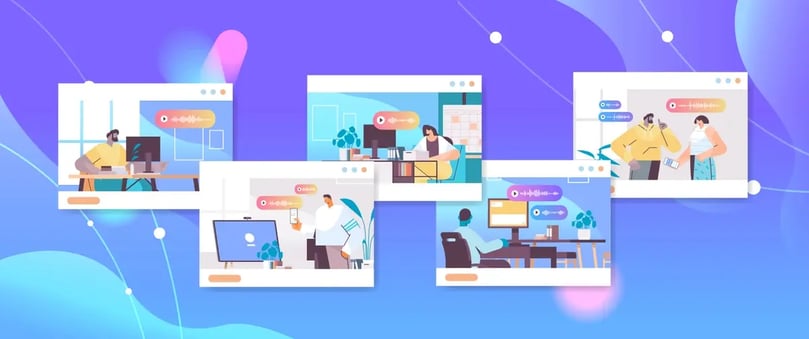 An illustration set of virtual meetings and remote collaboration with diverse teams, showing people in various scenarios of digital communication and work, emphasizing the concept of a connected workforce.