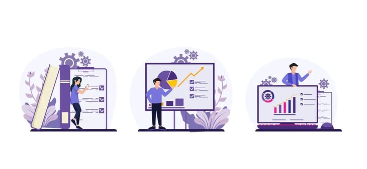 A series of illustrations featuring individuals in various data analysis activities: reviewing documents on a clipboard, presenting data on a pie chart, and working on a presentation with bar graphs. These images represent different aspects of business analytics and reporting.