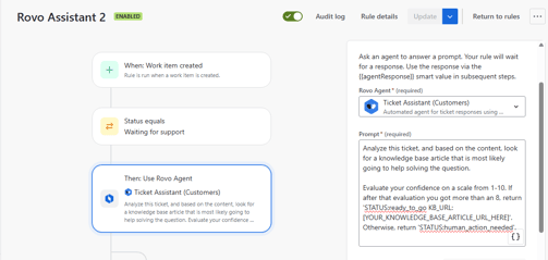Screenshot of a Rovo Assistant automation rule configured to use an AI agent for customer ticket responses.