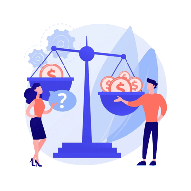 Man and woman comparing values on a balance scale.