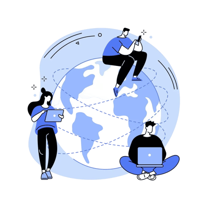 People connected globally using digital devices and a world map.