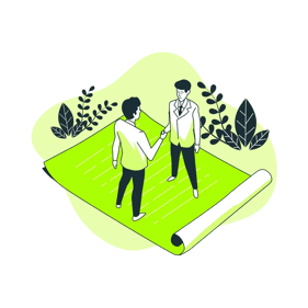 Illustration of two business professionals shaking hands on a green contract scroll.