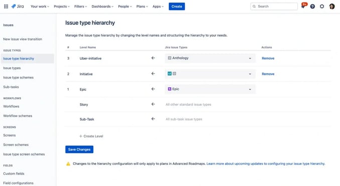 A Jira screen allowing users to configure issue type hierarchy, including initiatives and epics.