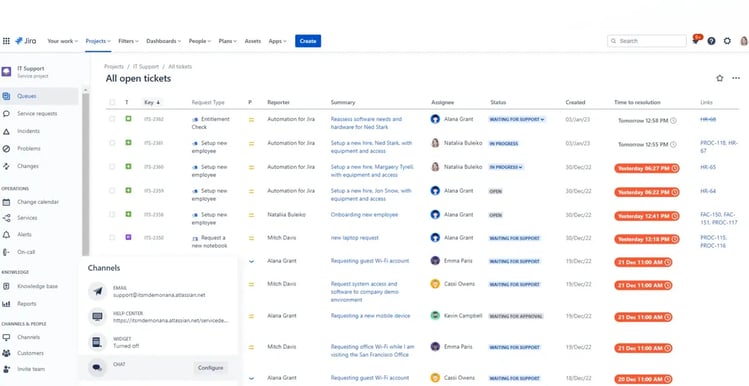 Jira Service Management view showing open IT support tickets with statuses, reporters, and assignees.