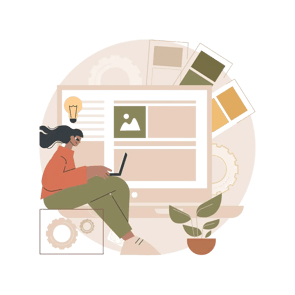 Woman designing a website interface on a large computer screen with layout templates and design elements.