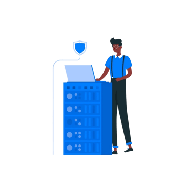 An illustration of a person standing next to a server rack while using a laptop, with a shield icon representing cybersecurity.
